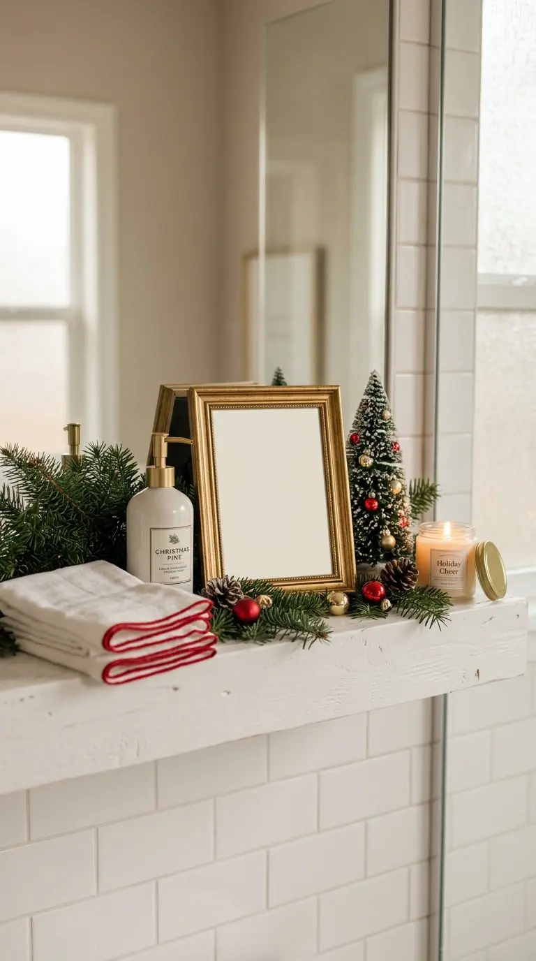 A Christmas-decorated bathroom shelf with a blank framed sign, greenery, ornaments, towels, and small holiday accessories.