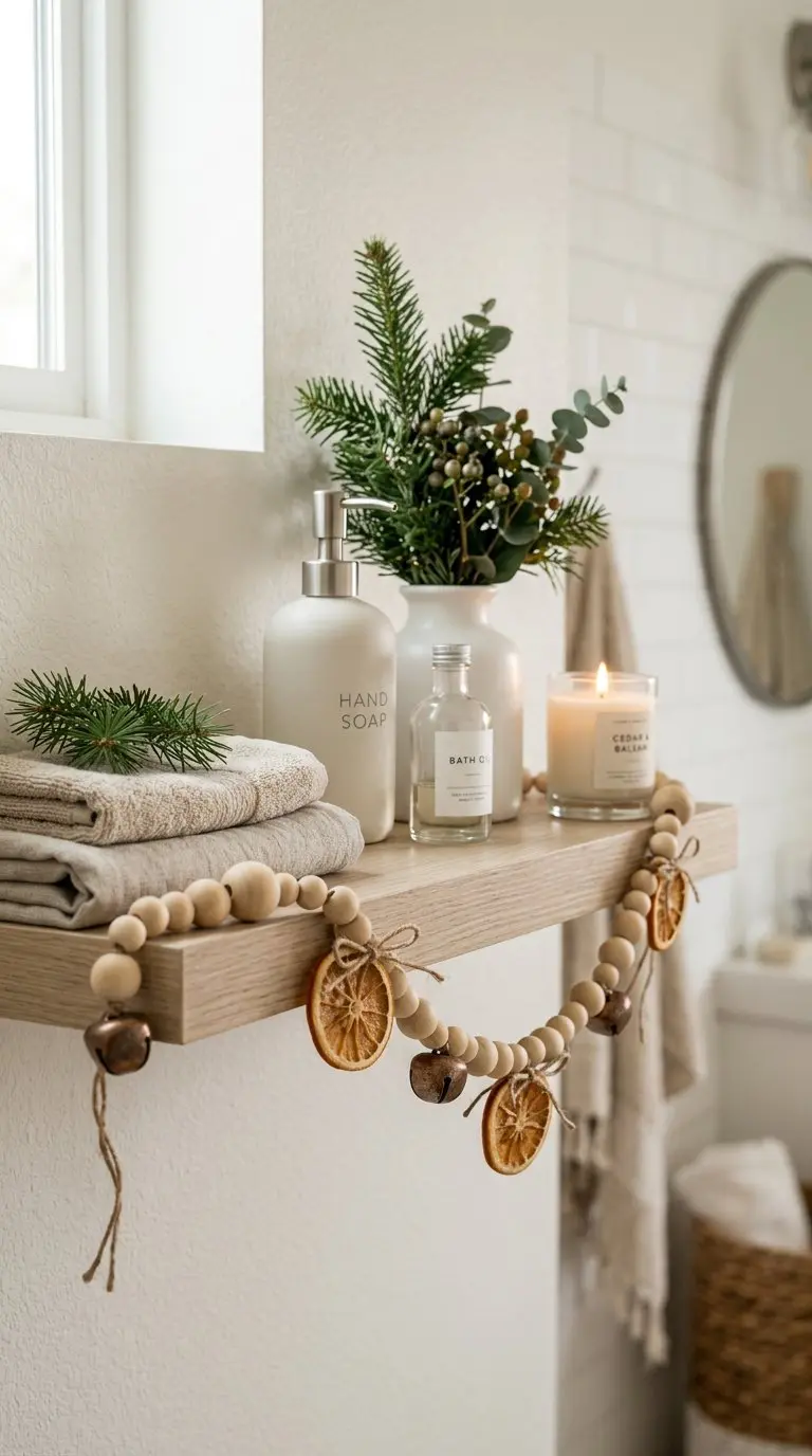 A wooden bead garland with jingle bells and dried orange slices decorates a bathroom shelf.
