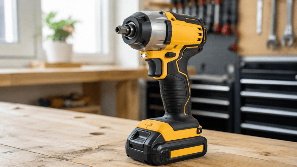 cordless impact driver displayed clearly on a workbench with battery attached, hex chuck visible, trigger, grip, forward reverse switch, and LED area easy to see, simple workshop background, realistic close-range tool photography,