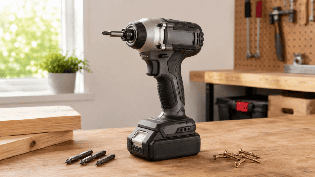 cordless impact driver standing upright on a wooden workbench with a few hex driver bits and wood screws beside it, clean home workshop background, bright natural light, realistic tool photography, beginner-friendly setup,