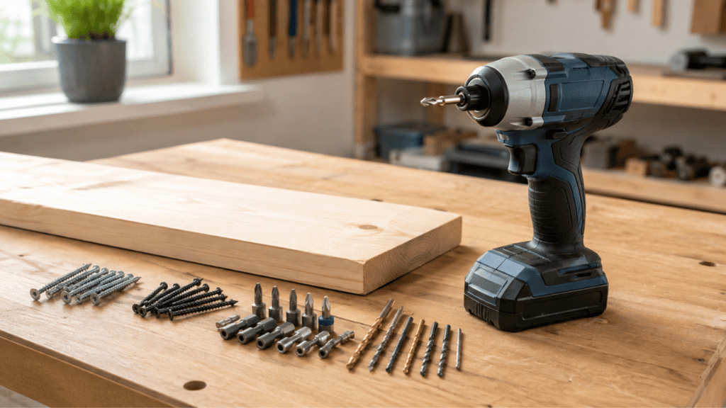 cordless impact driver with a neat spread of screws, driver bits, drill bits, and a wood board on a clean workbench, bright natural light, practical DIY workshop mood, realistic photography