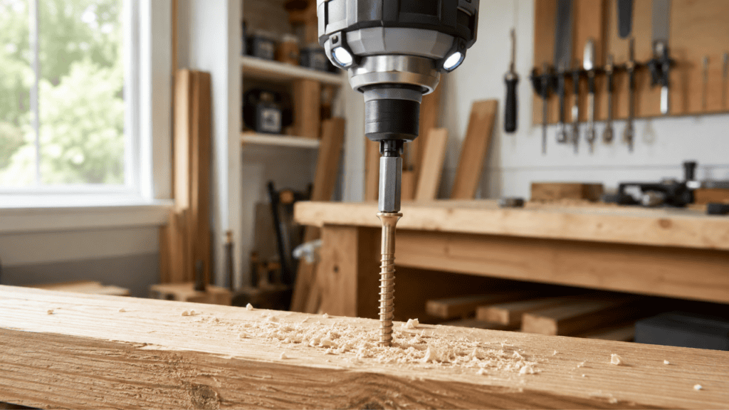 impact driver actively driving a long screw into a wood board, wood shavings and screw threads visible, strong sense of action and control, realistic home workshop setting, bright natural light,
