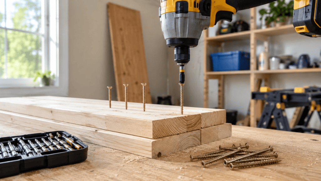 impact driver driving long construction screws into stacked lumber on a workbench, extra screws and a bit set nearby, realistic DIY home project scene, bright natural light,