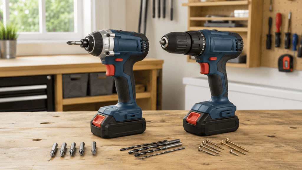 cordless impact driver and cordless drill placed side by side on a wooden workbench, different chucks and tool shapes clearly visible, bits and screws arranged neatly nearby, realistic workshop photography,
