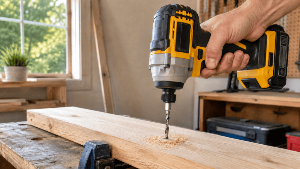 impact driver fitted with a hex shank drill bit drilling into a wood board, fresh hole and sawdust visible, realistic home workshop setup, bright natural light,