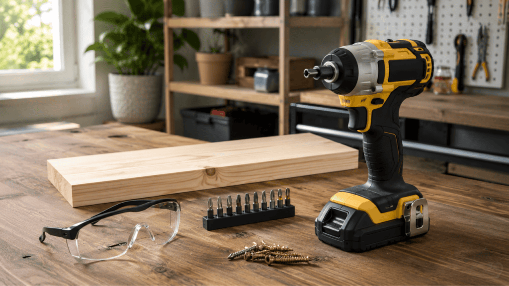 impact driver on a tidy workbench with driver bits, screws, safety glasses, and a wood board ready for a simple DIY project, clean and practical beginner-friendly setup, realistic workshop photography