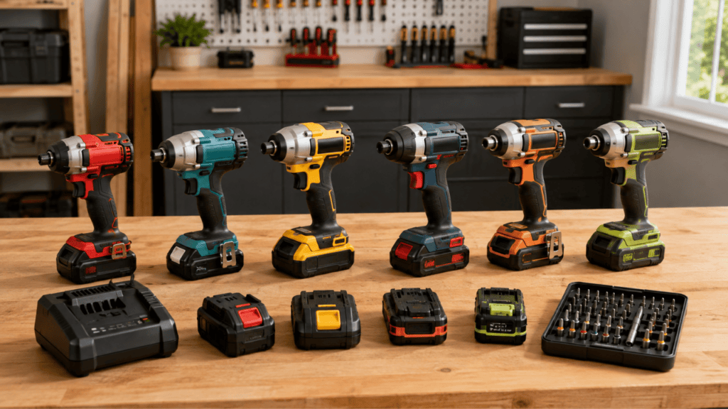 several cordless impact drivers arranged neatly on a workbench with batteries, charger, and bit set nearby, realistic comparison-style tool display, bright clean workshop setting,