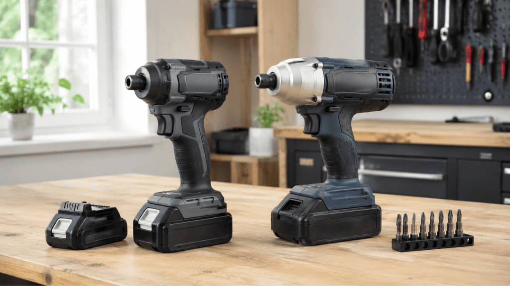 two cordless impact drivers side by side on a workbench, one compact modern design and one slightly bulkier older design, batteries and bits nearby, realistic comparison scene, bright natural light,