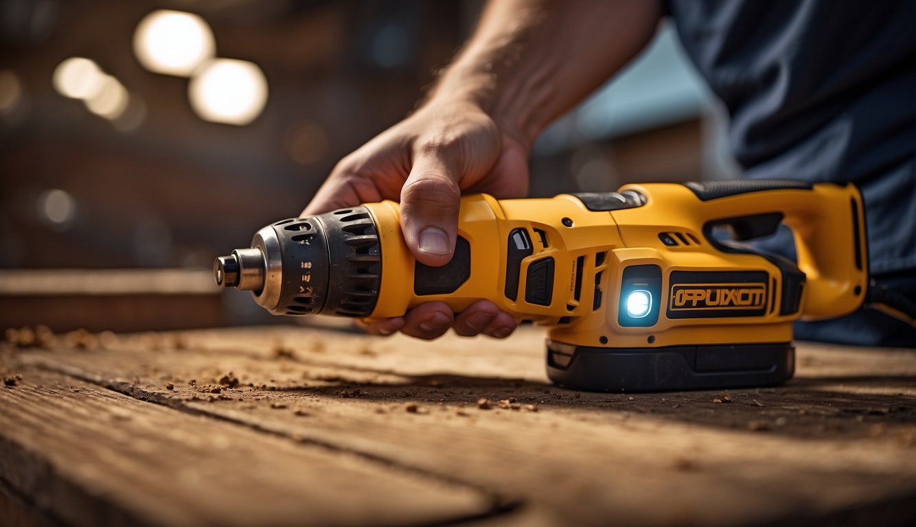An impact driver in use: a tool driving a screw into wood, with LED light illuminating the work area