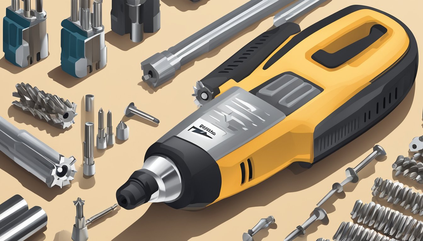 An impact driver sits on a workbench, surrounded by various drill bits and screws. A beginner's guide book is open next to it, with a spotlight shining down on the tool