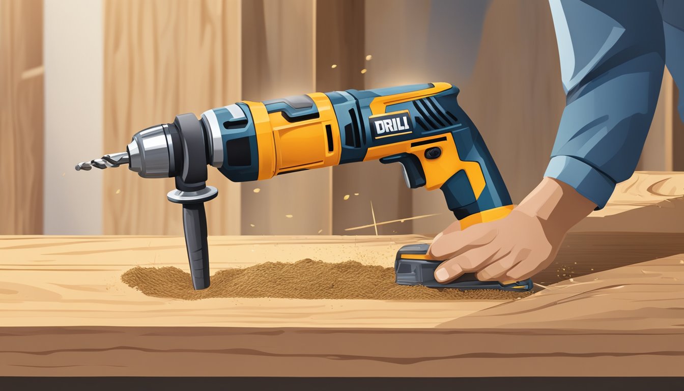 An impact driver drill in action, driving a screw into a piece of wood with force and precision, creating a clean and efficient result