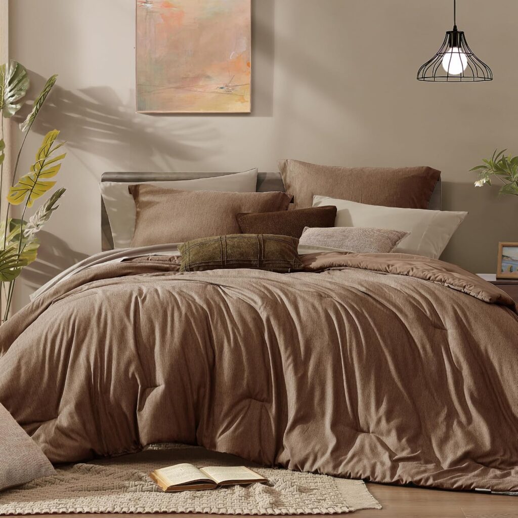 Monbix Queen Comforter Set 7 Pieces Brown Cationic Dyeing Bed in a Bag