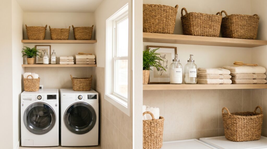 Small laundry room with open shelves above washing machines holding baskets and detergents.