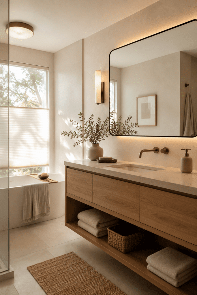 close-up of bright Japandi bathroom lighting beside a large mirror, warm wall sconce glow, soft beige wall, light wood vanity edge, clean sink detail, airy natural light, shallow depth of field, realistic interior photography, no people, no text, no watermark,