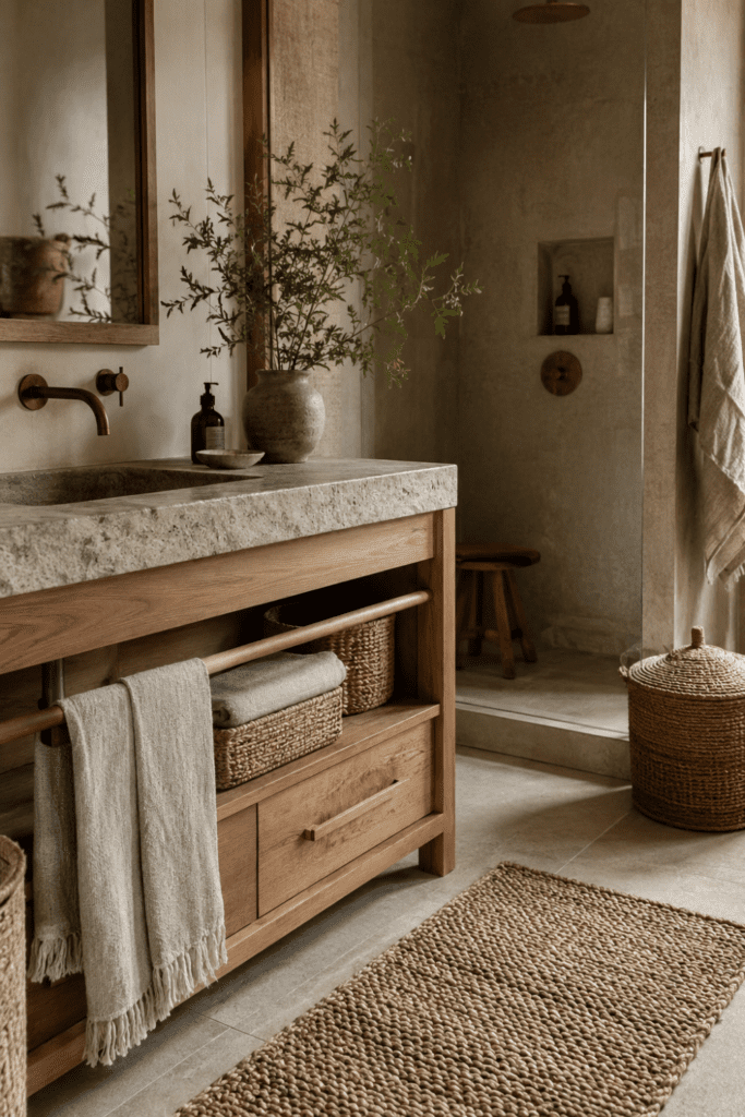 close-up of earthy Japandi bathroom textures, stone sink, warm wood vanity, woven basket, linen towel, natural fiber rug, soft neutral colors, organic modern bathroom feel, shallow depth of field, realistic home decor photography, no people, no text, no watermark,