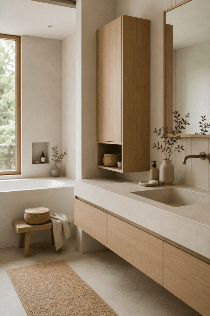 close-up of calm hidden bathroom storage, light wood floating vanity drawer slightly visible, woven basket tucked neatly below, folded towels, clean countertop with minimal items, warm neutral Japandi style, shallow depth of field, realistic photography, no people, no text, no watermark,