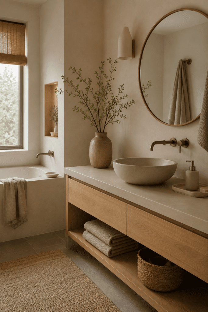 close-up of soft warm bathroom shades, beige wall, pale wood vanity, cream towel, warm white ceramic soap dish, soft greige stone surface, gentle natural light, calm Japandi color palette, shallow depth of field, realistic home decor photography, no people, no text, no watermark,