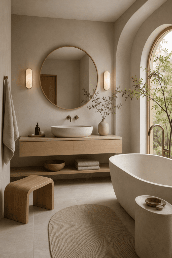 close-up of gentle curved Japandi bathroom accents, round mirror edge, oval vessel sink, curved wooden stool, soft beige wall, brushed brass faucet, warm natural light, minimal calm styling, shallow depth of field, realistic interior photography, no people, no text, no watermark,
