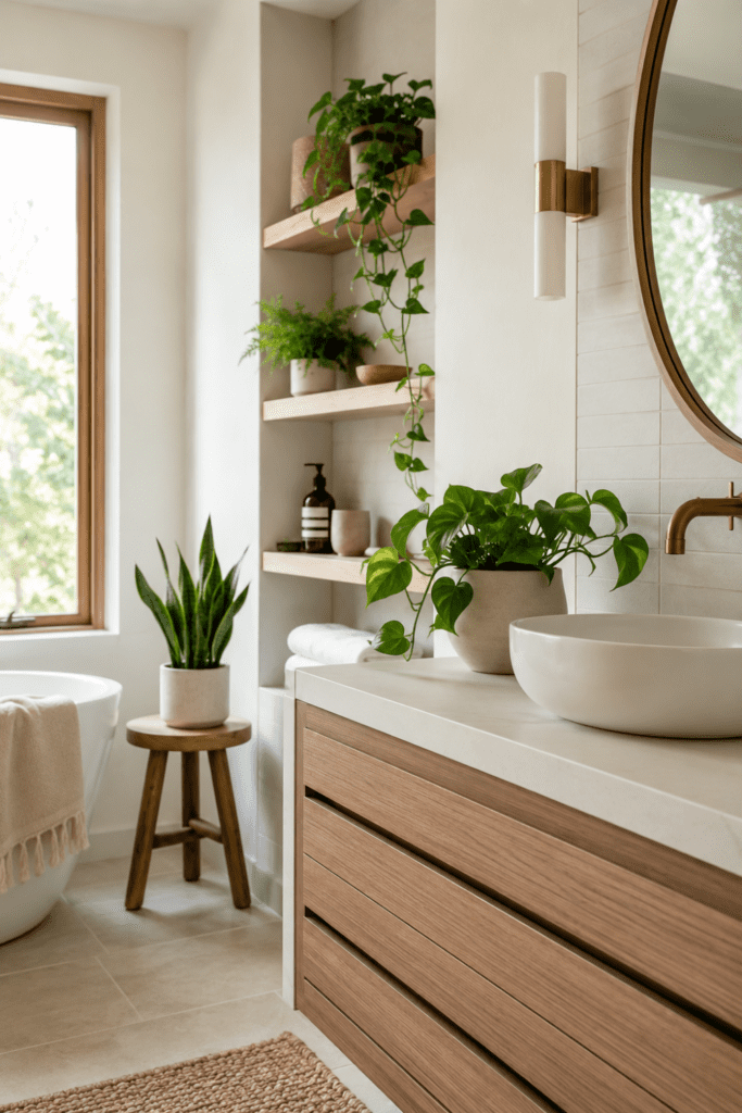 close-up of easy bathroom plants in a Japandi bathroom, small green plant in ceramic pot on light wood vanity, soft beige countertop, round mirror edge, warm natural light, clean uncluttered styling, shallow depth of field, realistic home decor photography, no people, no text, no watermark,