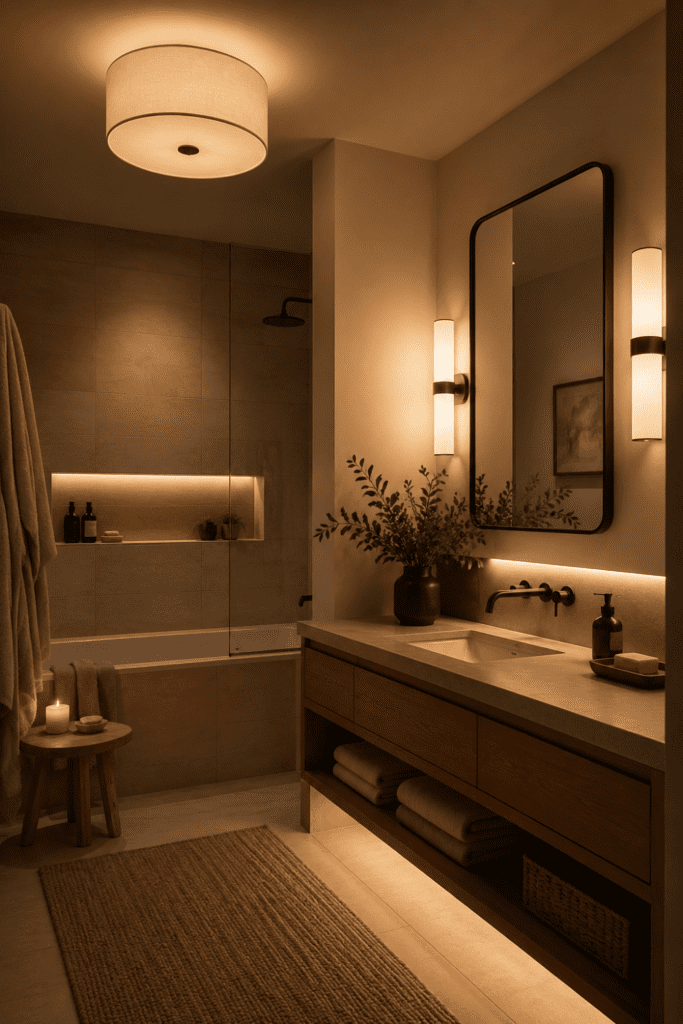 close-up of layered Japandi bathroom lighting, glowing wall sconce beside mirror, soft under-mirror light, warm beige wall, wood vanity detail, cozy evening bathroom mood, shallow depth of field, realistic interior photography, no people, no text, no watermark,
