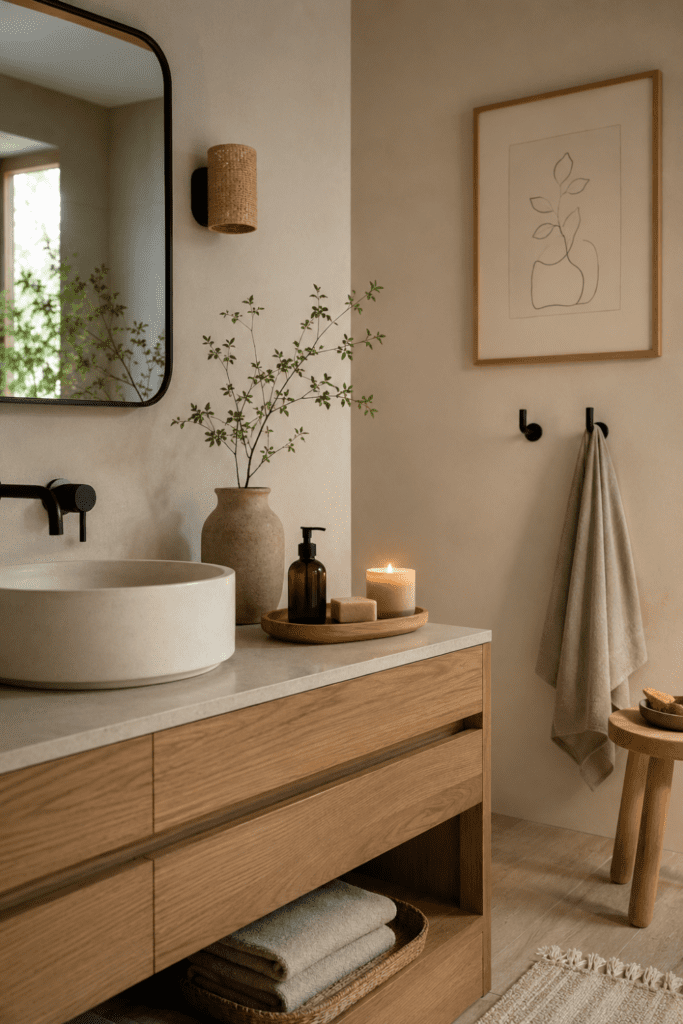 close-up of simple meaningful Japandi bathroom decor, wooden tray with soap and lotion bottle, neutral candle, ceramic vase with small green branch, matte towel hook in background, soft warm light, shallow depth of field, realistic home decor photography, no people, no text, no watermark,