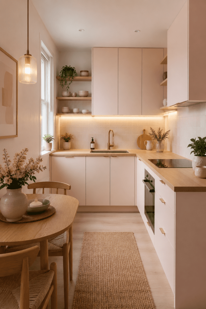 minimal small kitchen with pale blush cabinets, warm wood countertops, floating shelves, soft warm lighting, slim dining nook, pastel tones, cozy modern styling, light and airy feel, practical compact layout, realistic interior photography, no people, no text, no watermark,