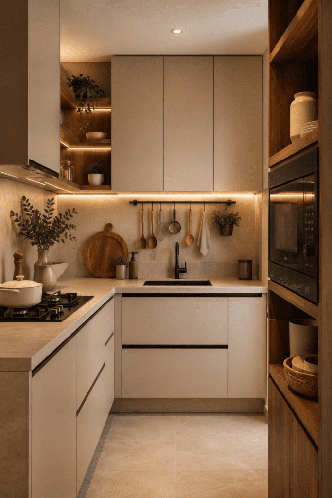 small modern kitchen with matte beige cabinets, warm walnut wood accents, beige countertops, open shelving, utensil rail, built-in microwave, under-cabinet lighting, sleek contemporary styling, compact and polished layout, realistic home decor photography, no people, no text, no watermark