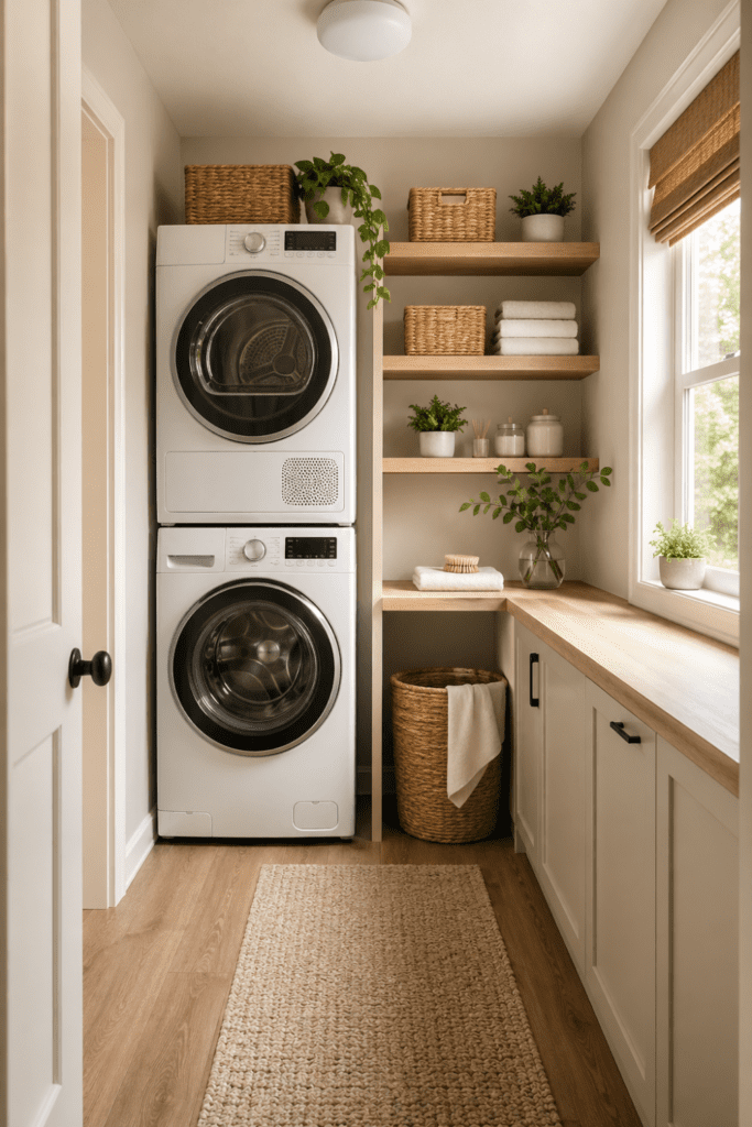 Small laundry room with a stacked washer and dryer unit and organized shelves.