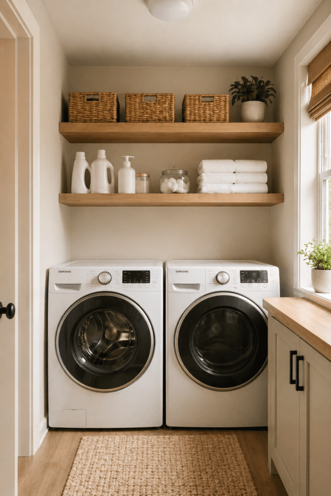 Small laundry room with open shelves above washing machines holding baskets and detergents.