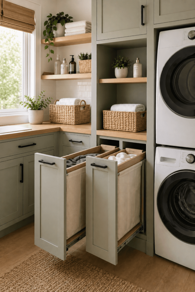 A small laundry room with slim pull-out hampers integrated into cabinetry, showing an organized and tidy space with laundry supplies and natural light.
