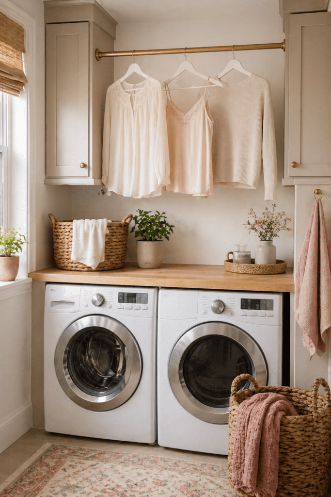 Small laundry room with a tension rod installed for air-drying delicate clothes hanging on wooden hangers.