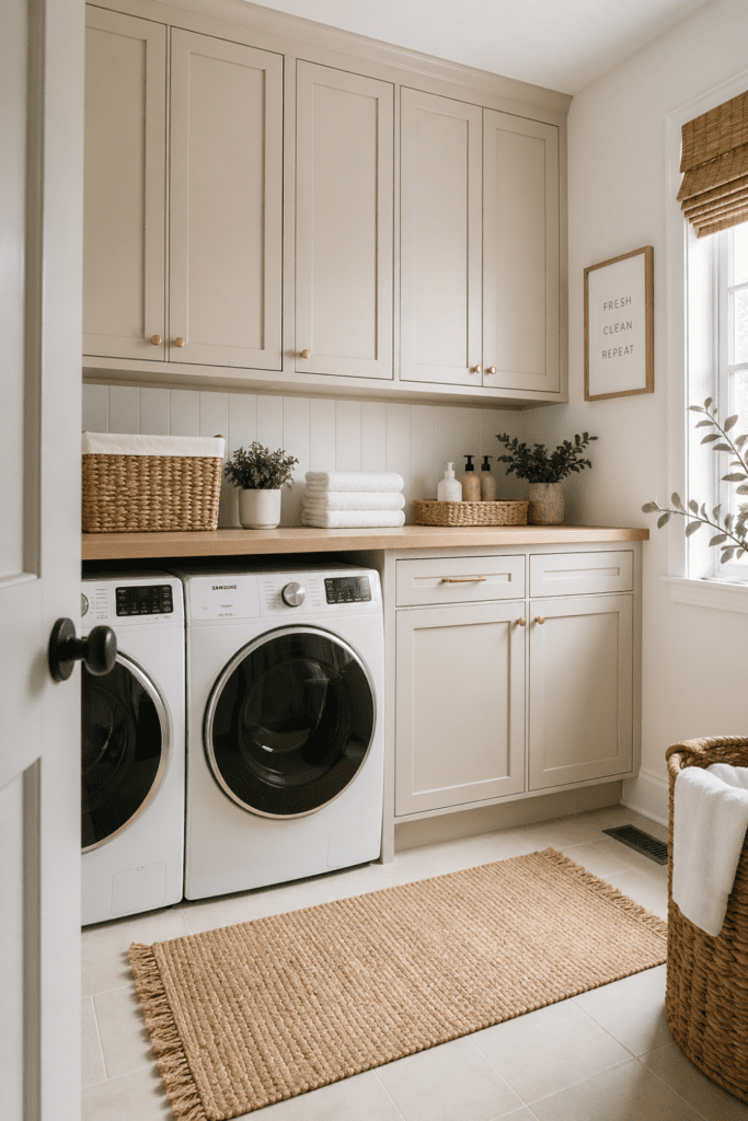 Small laundry room with light-colored painted cabinets, washer and dryer, and natural light coming through a window.