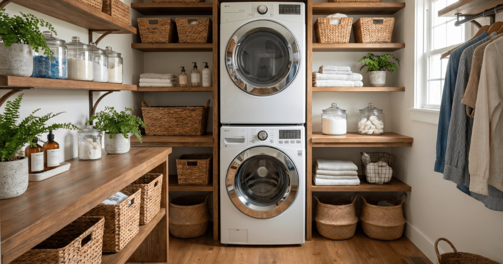 Stacked washer and dryer in a small laundry room with wood countertops, open shelves, baskets, and hanging storage
