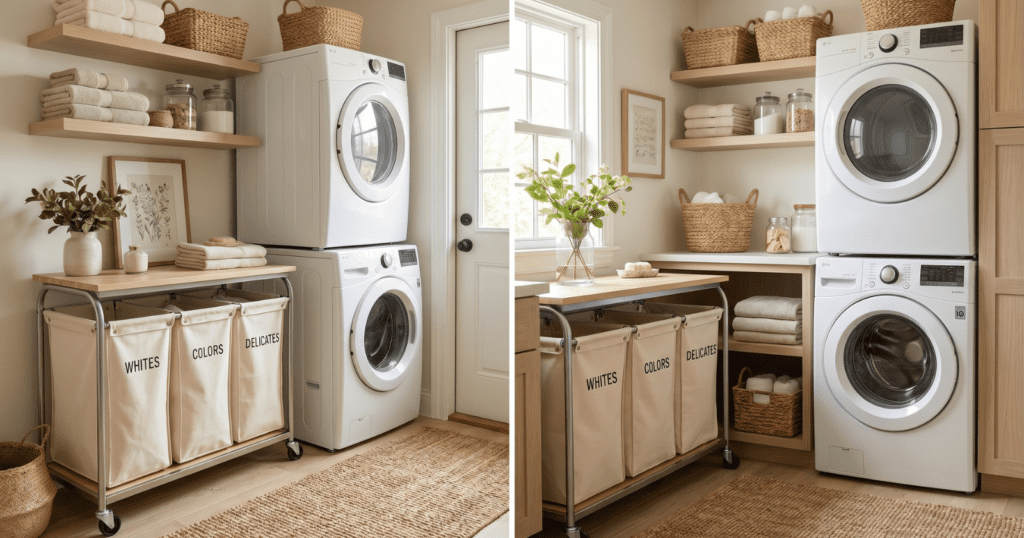 A small laundry room with a rolling laundry cart next to a washing machine and dryer, featuring organized laundry supplies and folded towels.