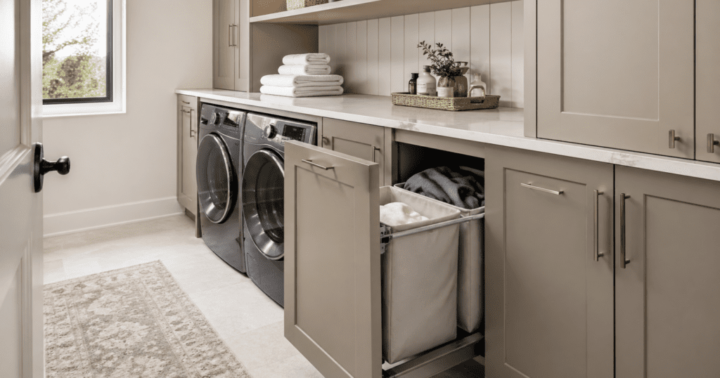 A small laundry room with slim pull-out hampers integrated into cabinetry, showing an organized and tidy space with laundry supplies and natural light.