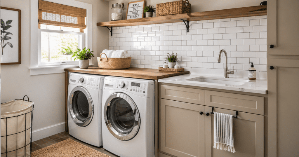 A person installing white peel-and-stick subway tile backsplash in a small laundry room with washer, dryer, and shelves.