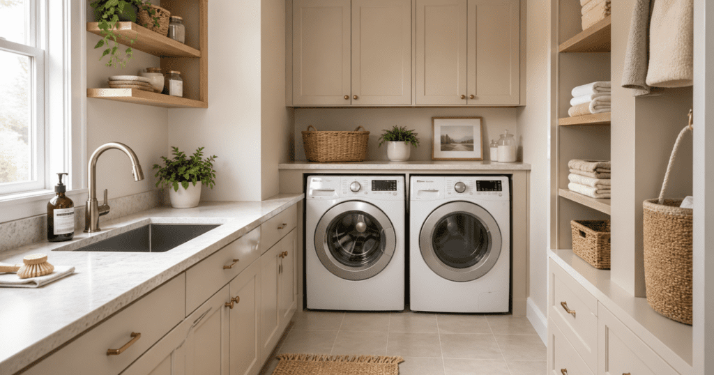 Small laundry room with light-colored painted cabinets, washer and dryer, and natural light coming through a window.