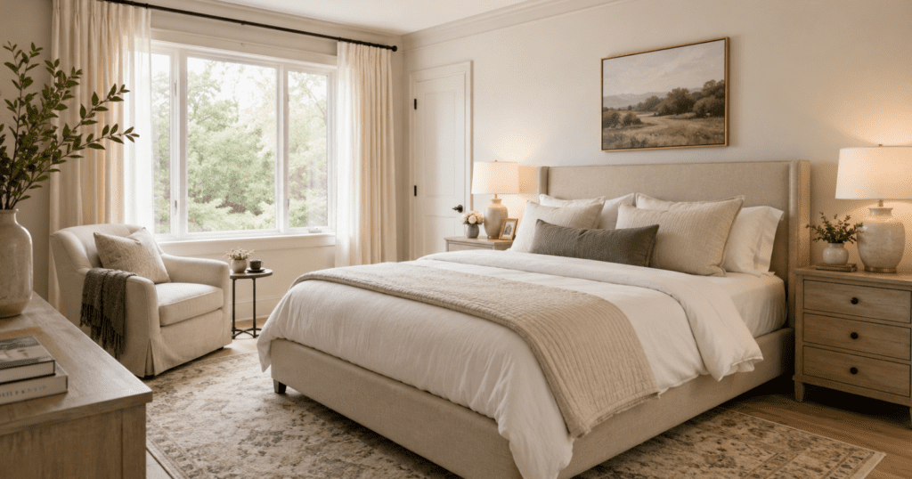 classy bedroom with bold wallpaper accent wall behind the bed, peel and stick wallpaper look, soft neutral bedding, clean nightstands, warm lamps, simple decor that lets the wallpaper stand out, elegant and polished bedroom styling, realistic home interior