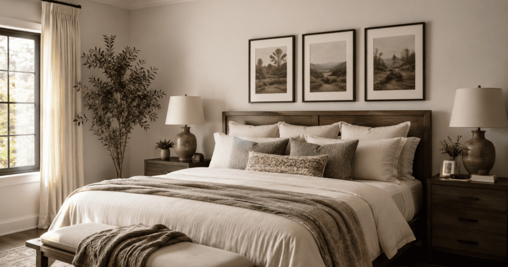 classy bedroom with framed wall art above the bed, coordinated art prints in matching frames, soft neutral bedding, warm wood furniture, simple and stylish decor, polished personal bedroom feel, realistic interior photography, soft natural light, no people,