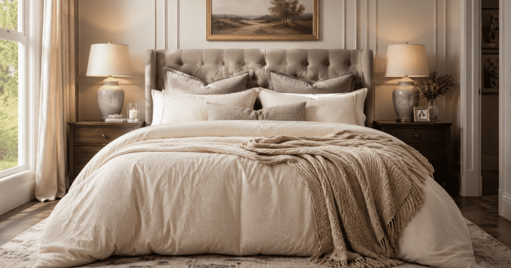 cozy plush bedding set in a classy bedroom, full soft comforter, layered pillows, textured throw blanket across the foot of the bed, neutral bedding colors, inviting and polished bed styling, calm warm bedroom, realistic home decor photography, soft natural light, no people