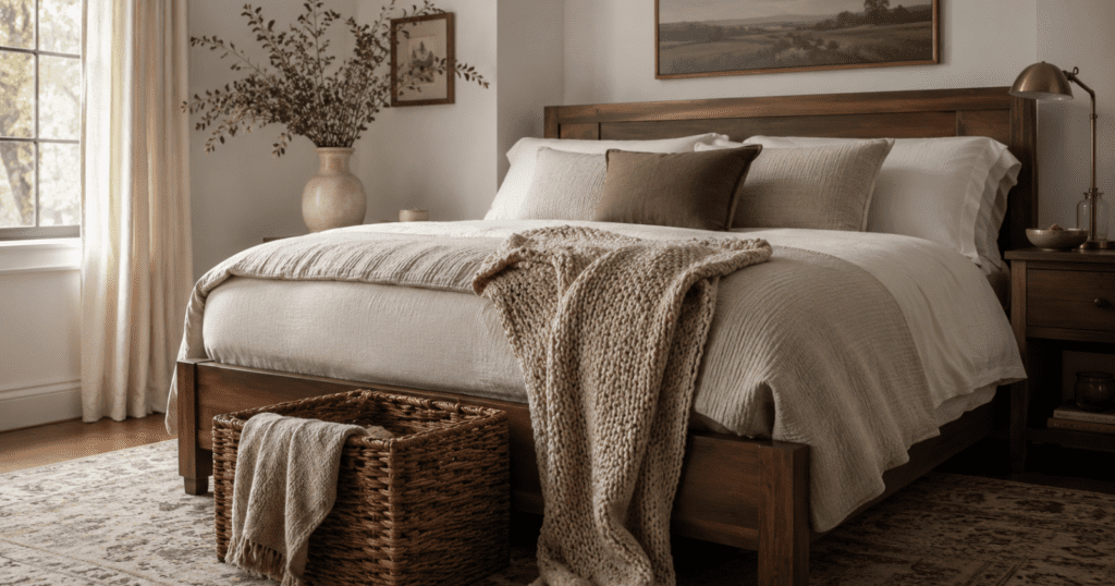 classy bedroom with layered textures, wood bed frame, woven basket, knit throw blanket, soft bedding, ceramic vase, metal lamp, textured rug, calm neutral color palette, warm and polished bedroom scene, realistic home decor photography, no people, no text,