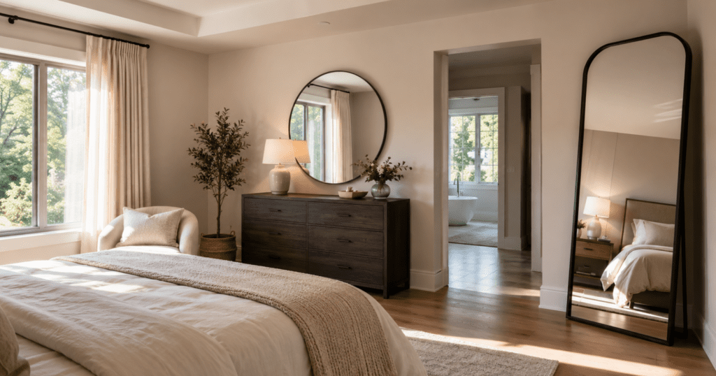 , stylish bedroom with full length floor mirror and round mirror above dresser, light reflecting across the room, soft neutral decor, polished and open bedroom feel, practical but elegant styling, realistic bedroom photography, warm natural light, no people,