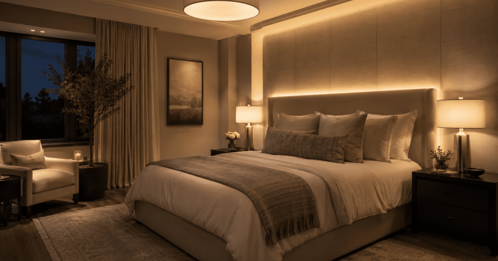 classy bedroom with layered lighting, warm bedside lamps, soft overhead light, subtle accent lighting behind headboard, cozy evening glow, soft neutral bedding, polished and restful bedroom styling, realistic interior photography, warm ambient light, no people, no text,