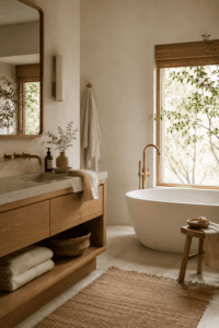 close-up of a cozy Japandi bathroom vanity with light wood cabinet, soft beige stone countertop, folded neutral towel, simple soap tray, warm natural light, calm minimal styling, shallow depth of field, realistic home decor photography, no people, no text, no watermark,