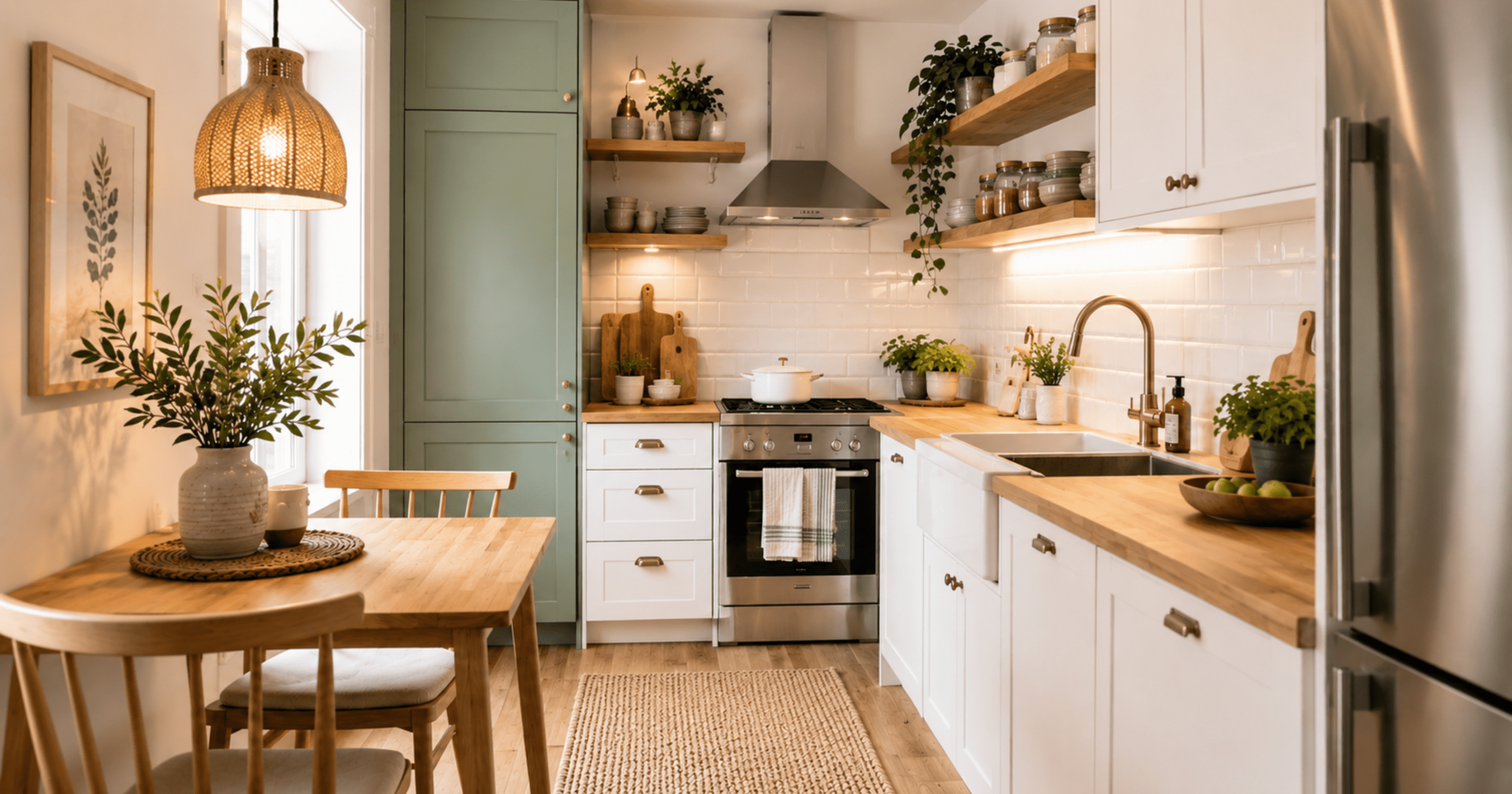 small kitchen ideas collage-style interior scene showing a beautiful compact kitchen with bright natural light, smart storage, warm wood accents, open shelves, soft neutral tones, one sage green section, one blush section, one black and walnut section, stylish but practical small-space layout, cozy and organized feel, realistic home decor photography, bright and airy, polished but lived-in, no people, no text, no watermark,