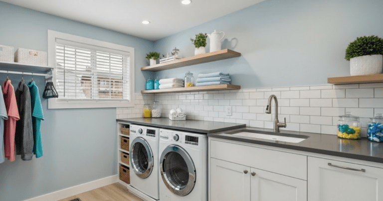 Bright small laundry room makeover with front-loading washer and dryer, open shelves, sink, and wall-mounted drying rack