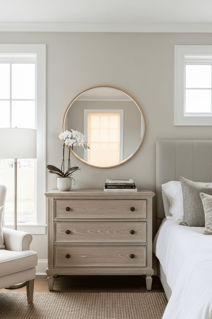 A bright bedroom with a round decorative mirror above a dresser, neutral decor, soft lighting, and a clean, elegant layout. The mirror reflects natural light, making the room feel larger and brighter. Affordable, classy bedroom design.