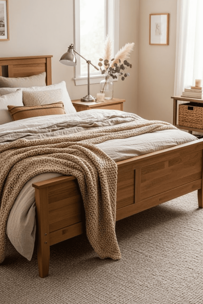 A cozy bedroom showcasing a mix of materials: a wooden bed frame, metal bedside lamps, soft fabric bedding, and a glass vase. Warm neutral tones, layered textures, realistic modern decor, inviting and stylish without feeling expensive.