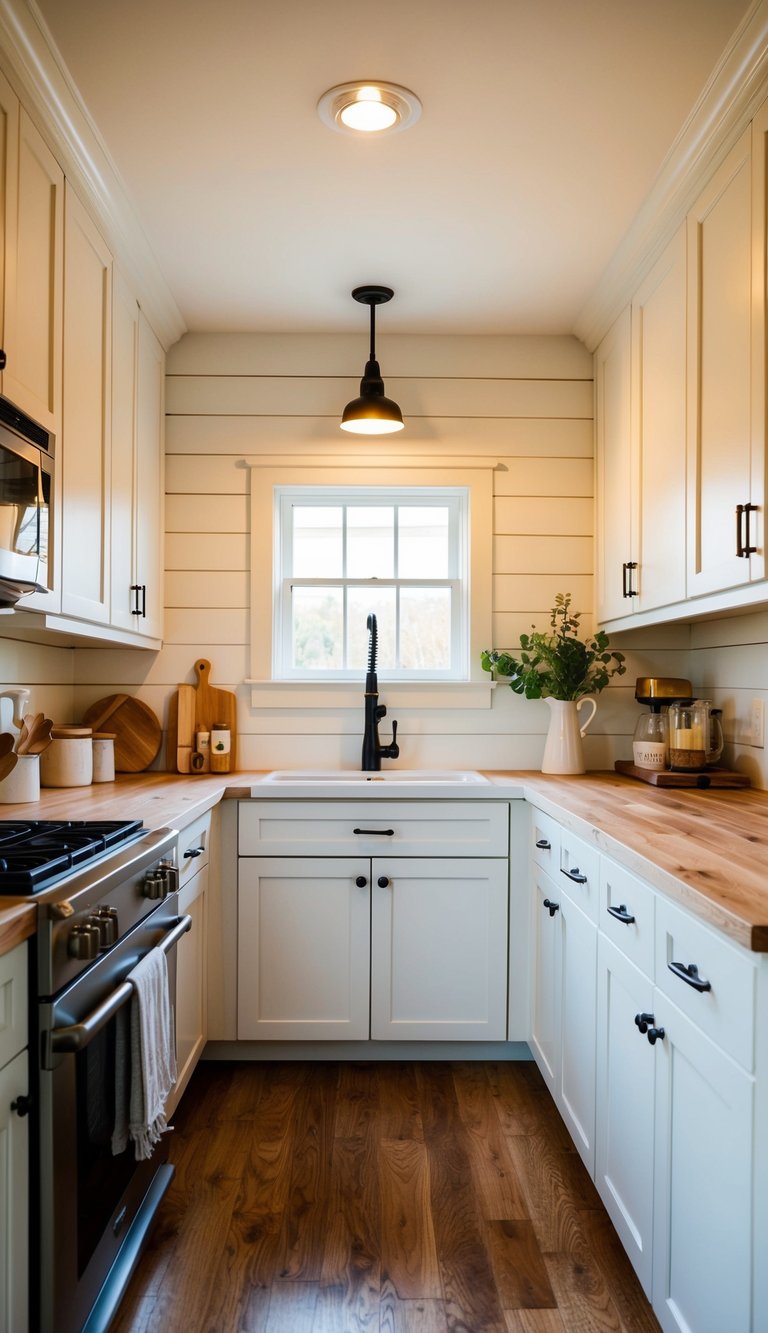 A cozy kitchen with shiplap walls, white cabinets, and warm lighting