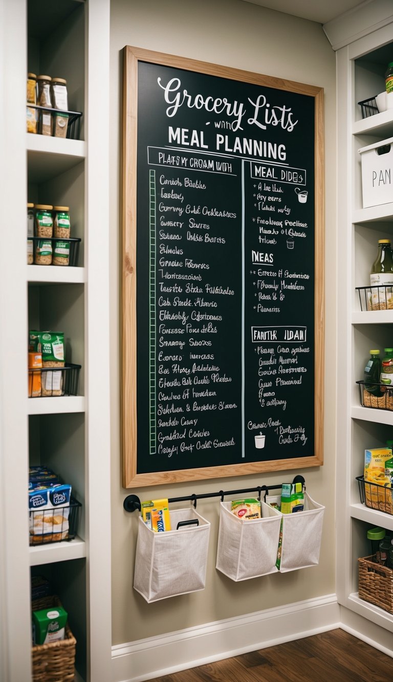 A kitchen wall with a chalkboard filled with grocery lists and meal planning, surrounded by pantry organization ideas